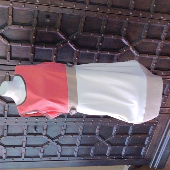 𝅺LADIES size 16 dress coral, beige, and cream with brown Silver snaps & zipper - Picture 1 of 6